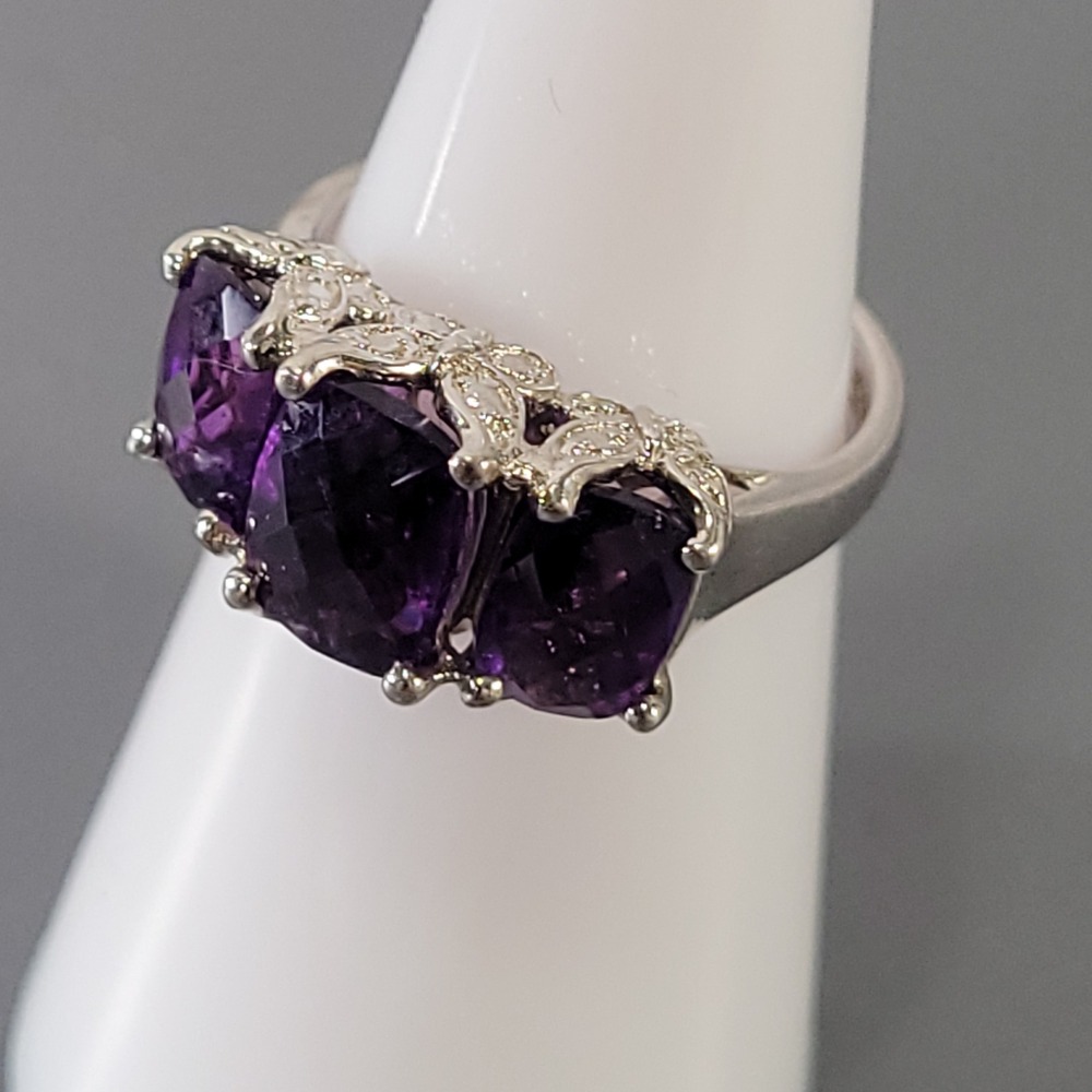 Sterling Silver Amethyst Ring HT 925 Three Stone Floral Filigree Size 6.25